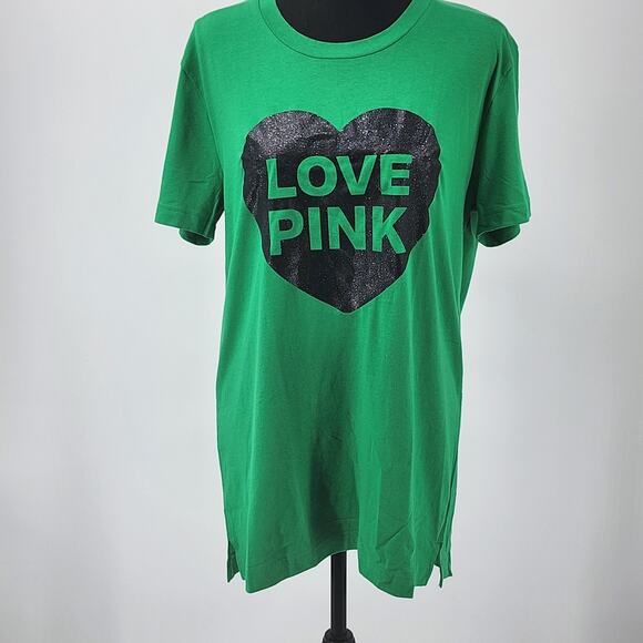 PINK by VS Green T-shirt Black LOVE PINK Heart Logo on Front Women's Sz Small - Picture 1 of 8